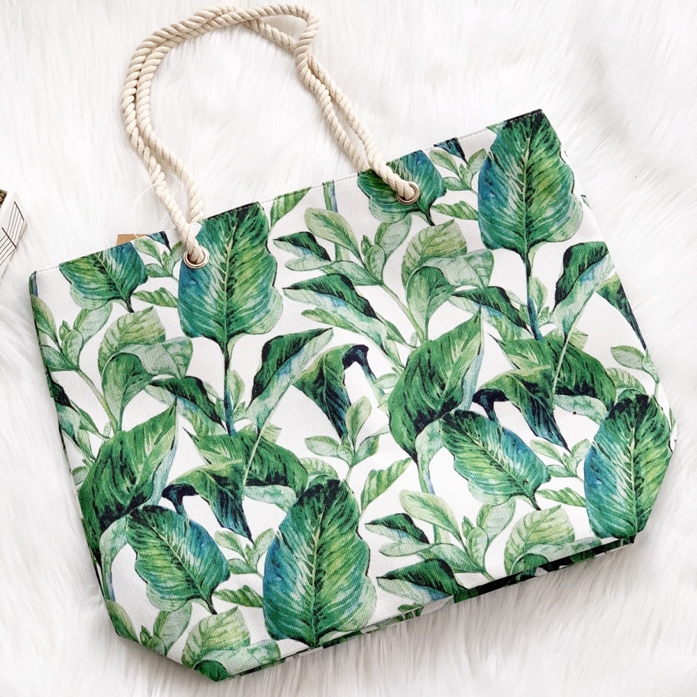 Tropical Leaves Print Beach Bag - Picture 2 of 3